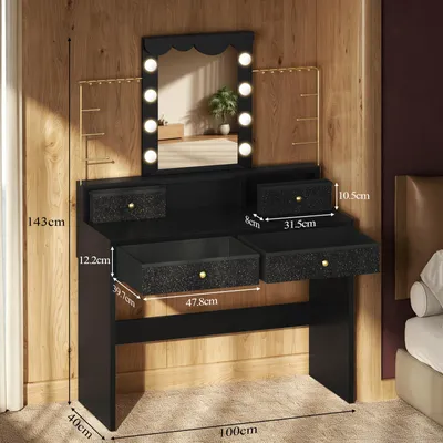 Produktbild von Schminktisch mit beleuchtetem Spiegel, mit 3 Lichtmodi für Schlafzimmer, Seitliche Schmuckaufbewahrung, 100cm Schwarz