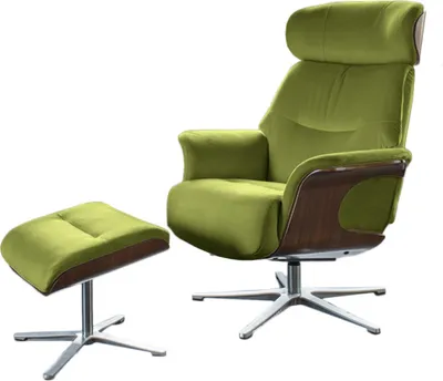 A green velvet armchair with a matching ottoman on a white background.