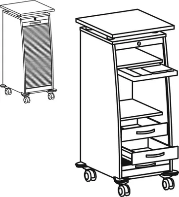 Produktbild von Rollladencaddy, BxTxH 515x600x1155 mm, 2 Böden, Utensilienschub, 2 Schubladen, Schloss, fahrbar, weiß/silber