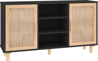 Produktbild von Sideboard Schwarz 105x30x60 cm Massivholz Kiefer Natur-Rattan