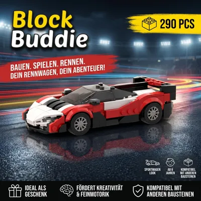 Produktbild von BlockBuddie™ Sabre Weiß Rot inspiriertes Klemmbaustein Auto mit 290 Teilen – Sportwagen Modellbausatz