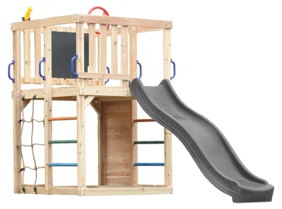 Produktbild von AXI Sam Klettergerüst aus Holz in Braun mit Rutsche in Grau | Spielturm / Spielplatz für Kinder mit Kletterwand, Kletternetz & Hangelstangen |