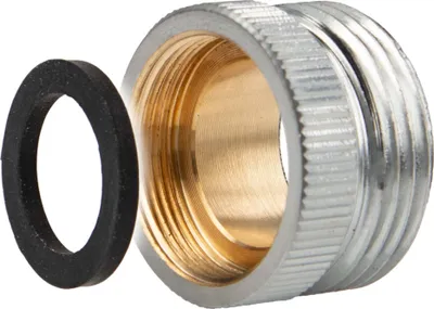 A close-up studio shot of a metal adapter and a rubber washer.