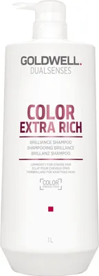 A white bottle of Goldwell Dualsenses Color Extra Rich Brilliance Shampoo with a pump dispenser.