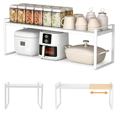 Produktbild von Ausziehbares Küchenregal für die Arbeitsplatte, verstellbares Schrankregal von 35-65 cm, aus Kohlenstoffstahl, weißes Aufbewahrungsregal für Küche, Speisekammer und Arbeitsfläche.