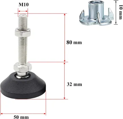 Produktbild von Verstellbare Möbelfüße aus Edelstahl, Höhenverstellbare Schwerlastfüße M10 x 80mm mit Einstellbarem Winkel, 4 Stück