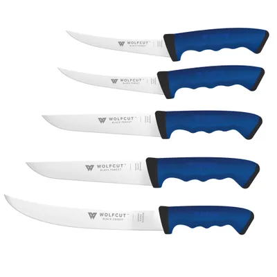 Produktbild von WOLFCUT SoftGrip BLUE-Serie - Metzgermesser-Set 5-tlg-Serie Ausbeinmesser, Stechmesser, Fleischermesser, Zerlegemesser