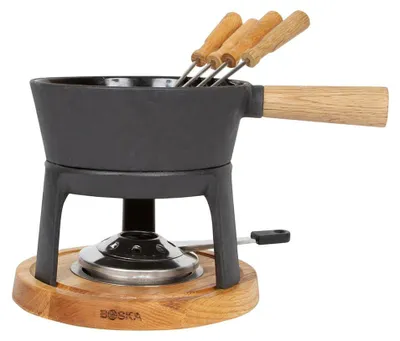 Immagine prodotto di Boska Fondue Set Pro - Fonduta di formaggio - Set per fonduta - Set per fonduta adatto alla pasta combustibile - Da 4 a 5 persone - Capacità di 1,2 litri - Incl. Forchette per fonduta - Legno di quercia e acciaio inox