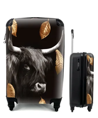 Produktbild von MuchoWow® Koffer Handgepäck Trolley Rollkoffer Kleine Reisekoffer mit 4 Rollen - Schottischer Highlander - Blätter - Gold - Cabin Size < 55x40x23 cm & 55x40x20 cm - Fotokoffer - Kabinenkoffer - Boardgepäck - Reise-Box - Reisekoffer - Reisegepäck - Koffer mit Bild - Trolley für Kinder