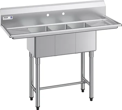 Immagine prodotto di VEVOR Lavello con 3 vasche, 2 sgocciolatoi e paraspruzzi, lavello da cucina (1372 x 508 x 1097 mm), lavello da cucina per ristoranti, furgoni gastronomici, uso privato, lavello in acciaio inossidabile argento
