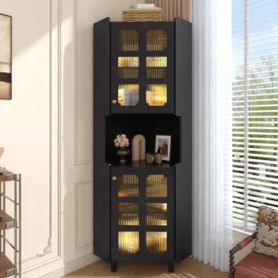 Produktbild von Flieks Eck-Schrank mit LED-Beleuchtung, Multifunktionale Ecken-Kommode, für Wohnzimmer, Badezimmer, Schlafzimmer, Esszimmer, Schrank, Schwarz