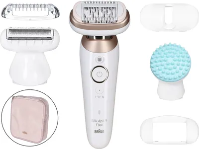 A collection of Braun Silk-épil 9 Flex epilator attachments and accessories arranged around the main epilator device on a white background.