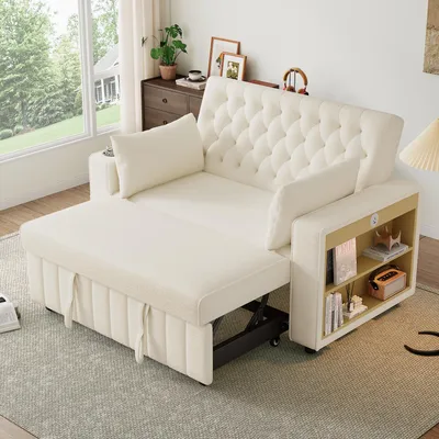 Zdjęcie produktu dla 2-osobowa sofa rozkładana Merax z funkcją spania, 2 poduszki, USB, Type-C, uchwyt na kubek, półka boczna, regulowane oparcie, sofa szenilowa, beżowa