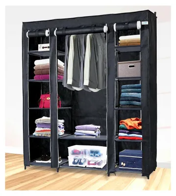 Produktbild von Kleiderschrank - Stoffschrank mit Kleiderstange und Ablagen - Faltschrank für Schlafzimmer, Ankleidezimmer, Garderobenschrank - Schwarz oder Grau (Schwarz, 145x44x170cm)