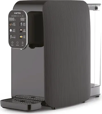 A modern black countertop water purifier with a digital display and textured side panel, shown against a white background.