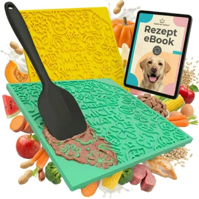 Produktbild von HUND IST KÖNIG Leckmatte Hund mit Saugnäpfen - 22x22 cm inkl. Spatel + Rezepte-Ebook, , Hunde Leckmatte lebensmittelecht & spülmaschinenfest