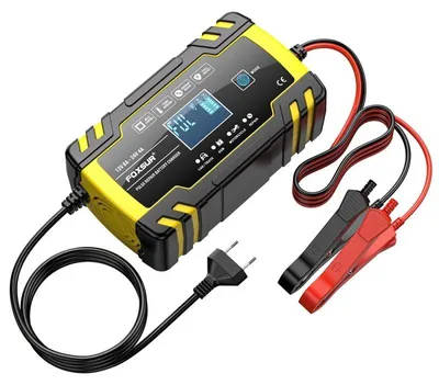 Produktbild von Auto-Batterieladegerät mit Mikroprozessor Foxsur B0228-Y, 12/24V, 4/8A, LCD-Display, Reparaturfunktion mit Impuls, 170x98x58mm, Gelb