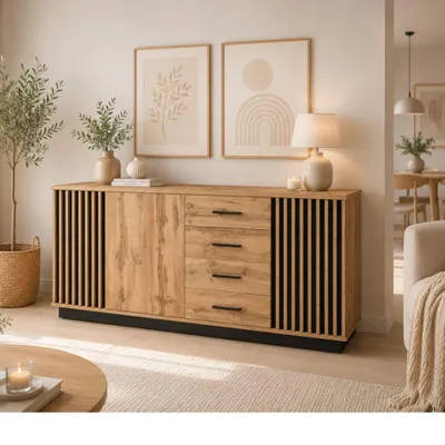 Produktbild von Kommode LAMERO LA21 Sideboard, Mehrzweckschrank (Eiche Wotan + Schwarz)