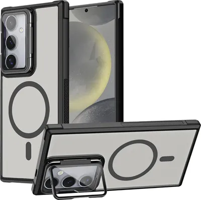 A product shot of a phone case with a magnetic ring and a kickstand.