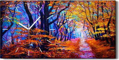 Produktbild von Leinwand Uhr Küche Wohnzimmer Bild Geräuschlos 60x30 Wald bunte Herbst - weiße Hände