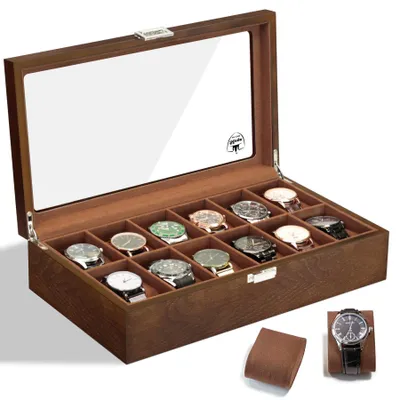 Immagine prodotto di Omgoods - Elegante scatola in legno per orologi, adatta a 12 orologi, con coperchio in vetro