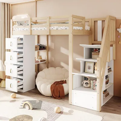 Productafbeelding van Merax hoogslaper, 90x200 cm, met opbergladen en plank, kinderbed van massief hout met veiligheidsladder, multifunctioneel houten bed, houtkleur