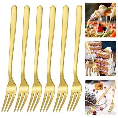 Produktbild von Kuchengabeln, Obstgabeln, Besteck, Gabel, Kuchengabel, kleine Dessertgabeln, Tischgabeln, Edelstahlgabel, 6er-Set, goldfarben