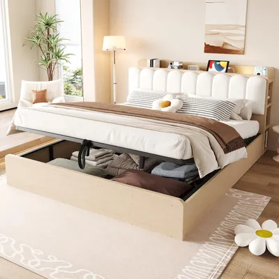 Produktbild von MODFU Doppelbett 180×200 mit Kopfteil und Stauraum,Hydraulisches Polsterbett,Flachbett Jugendbett mit LED und USB-Anschlüssen,ohne Matratze,Holzfarbe