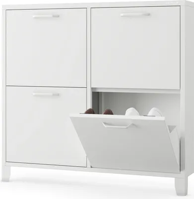 Produktbild von Jan Nowak Schuhschrank Schmal Weiß mit 4 Fächern 96 x 90 x 17 cm - Schuhkipper Metall Ideal Für Kleine Räume, Wandmontage - Schuhregal Geschlossen