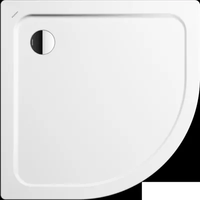 A white shower tray with a drain.