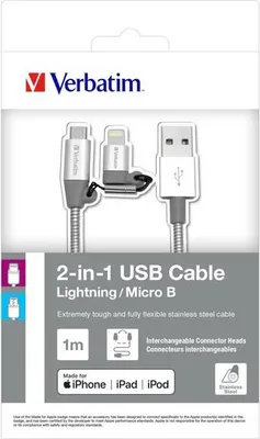 Obrázok produktu pre Verbatim 48869, 1 m, USB A, Micro-USB B/Lightning, Samec, Hliník, Šedá