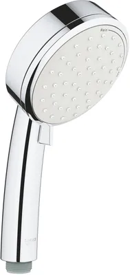 A chrome and white hand shower head against a white background.