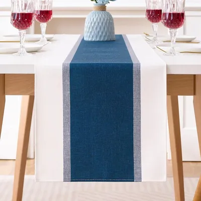 Productafbeelding van Tafelloper - Waterdicht - Gestreept - Marineblauw - Linnen - Wasbaar - Voor tafel, eettafel en picknick