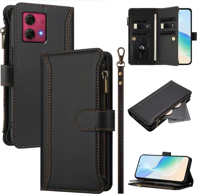 Produktbild von Handyhülle für Motorola Moto G84 Reißverschluss Geldbörse Kunstleder Klapphülle mit Kartensteckplatz, Ständer, Handschlaufe Schwarz
