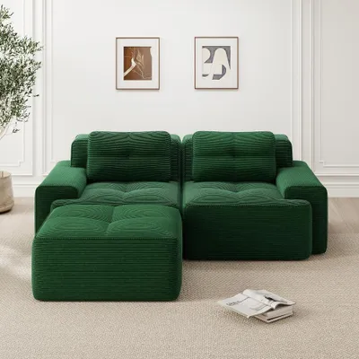 Immagine prodotto di Divano modulare Cord, colore verde, divano a due posti a forma di L per soggiorno, con poggiapiedi, profondità seduta 74 cm, adatto agli animali domestici, dimensioni 204x177x69 cm