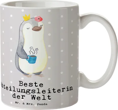 Produktbild von Mr. & Mrs. Panda Kaffeetasse Pinguin Beste Abteilungsleiterin der Welt - Grau Pastell - Geschenk, Büro, Abschiedsgeschenk, Arbeit, Becher, Teetasse, Trinkbecher, Abschied