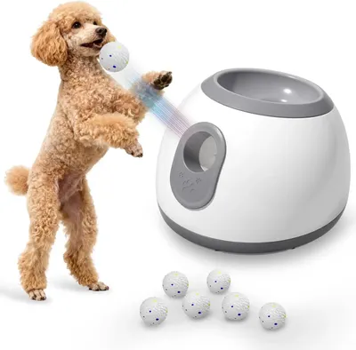 Immagine prodotto di Giocattolo con pallina per cani - Lanciatore automatico di palline per cani - Gittata regolabile da 3 a 9 m - Con 6 palline da tennis da 5 cm - Elettrico, in plastica