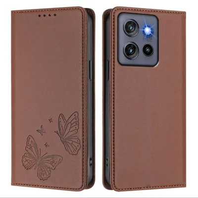 Image de Étui en cuir pour Motorola Edge 60 Neo/Edge 50 Neo, motif papillon, étui à rabat avec porte-écran, marron