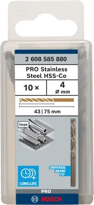 Image de Bosch, jeu de 10 forets hélicoïdaux en acier inoxydable HSS-Co, dimensions 4 x 43 x 75 mm.