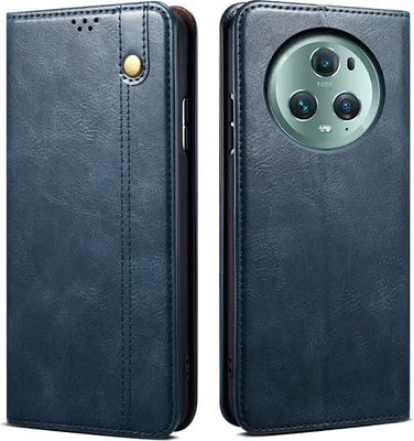 A product image showing a blue leather flip wallet case for a smartphone, displayed from two angles.