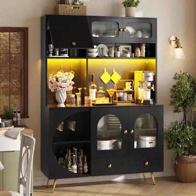 Immagine prodotto di Flieks: credenza moderna con illuminazione a LED, mobile da cucina con porte USB, prese di corrente e pannello forato, mobile alto 120x40x176 cm, nero