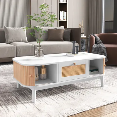 Obrázek produktu pro Konferenční stolek 110 cm z masivního dřeva s posuvnými dvířky a proutěným ratanem, přírodní venkovský styl