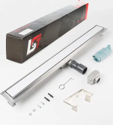 Produktbild von Duschrinne Glas weiß 800x70mm Ablaufrinne Gitter mit Edelstahl Siphon Haarsieb