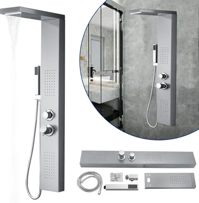 A collage of images showing a modern stainless steel shower panel system with various shower functions, including a rain showerhead, handheld shower, and body jets. The collage also includes a close-up of the shower panel and its components, as well as a r