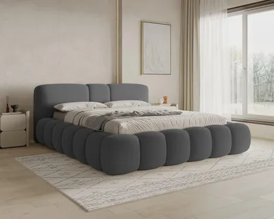 Produktbild von Chilly Möbel Design Bett Bianco - Komfort Polsterbett mit Bettkasten, Metallrahmen, Stauraum und gepolstertem Kopfteil 180x200 cm / Bouclé / Dunkelgrau