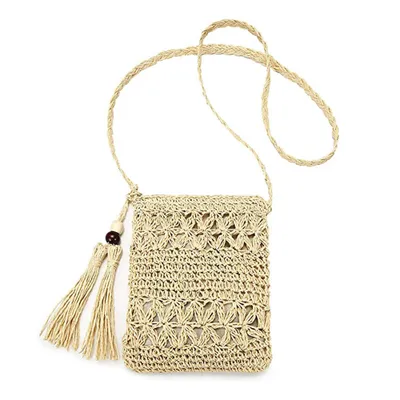 Produktbild von Strohtasche Umhängetasche böhmische handgewebte Damen Umhängetasche Handytasche Strohumhängetasche Korbtasche im Sommer Strandurlaub mit Blumenmuster,Beige