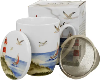Produktbild von DUO Seaside Becher 360 ml LIGHTHOUSE (Leuchtturm) mit Teesieb, New Bone China Porzellan