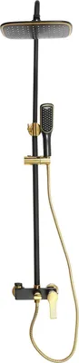 Immagine prodotto di Set doccia - Sistema doccia a pioggia montato a parete - Regolabile in altezza da 85 a 125 cm - 3 vie: soffione + doccetta + bocca di erogazione - Soffione 27×19 cm - Nero-oro