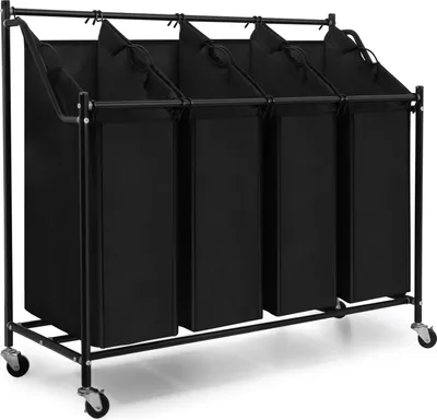 Produktbild von Mondeer Wäschesortierer mit Rollen, abnehmbaren Stofftaschen, 4 Fächer, Metallrahmen, 600D Oxford-Gewebe, Schwarz, 93.5cm x 38cm x 79cm, 45 Liter