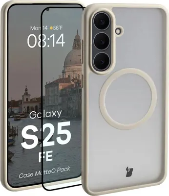Produktbild von Schutzhülle mit Magnetring + gehärtetem Glas für Galaxy S25 FE, Bizon MatteO Pack, Getönt-Beige